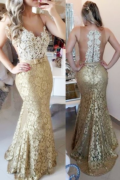 Trumpet/Mermaid Scoop Neck Tulle Lace Sweep Train Pearl Detailing Elegant Prom Dresses #JCD020102438