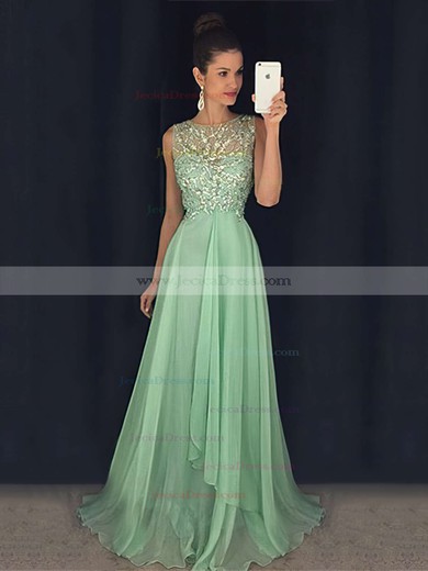 Affordable A-line Tulle Chiffon Sweep Train Beading Open Back Prom Dresses #JCD020102439