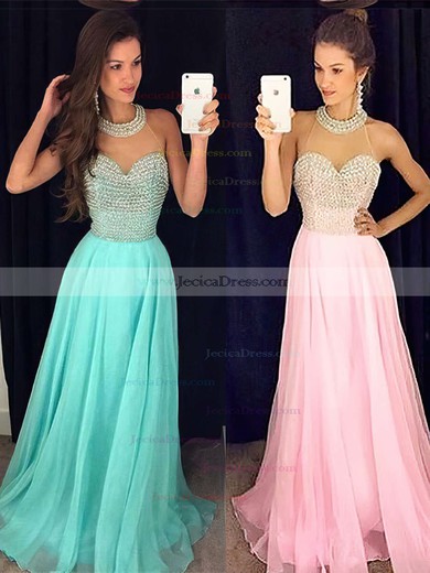 Scoop Neck Chiffon Tulle Sweep Train Pearl Detailing A-line Fashion Prom Dresses #JCD020102441