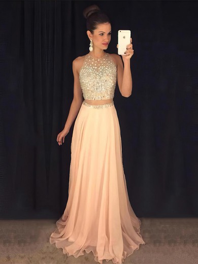Unusual A-line Scoop Neck Chiffon Tulle Beading Sweep Train Prom Dresses #JCD020102442
