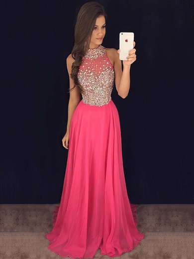 Nicest A-line Chiffon Tulle Sweep Train with Beading High Neck Prom Dresses #JCD020102445