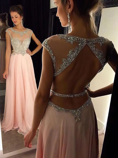 A-line Scoop Neck Pink Chiffon Tulle with Beading Open Back Famous Prom Dresses #JCD020102446