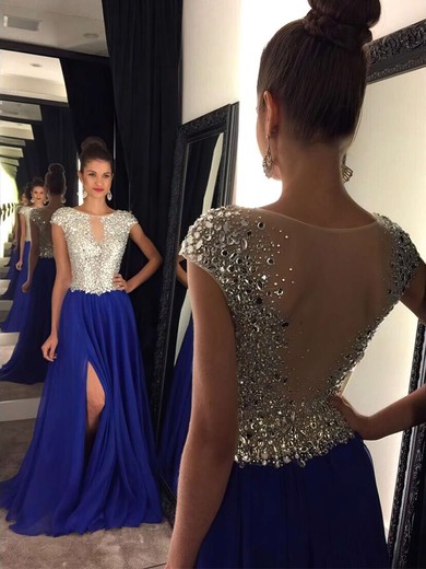 Royal Blue A-line Scoop Neck Chiffon Tulle Sweep Train Split Front Prom Dress #JCD020102447
