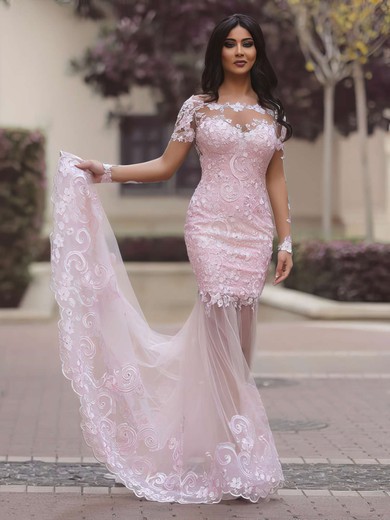 Top Scoop Neck Tulle Sweep Train Appliques Lace Long Sleeve Trumpet/Mermaid Prom Dresses #JCD020102452