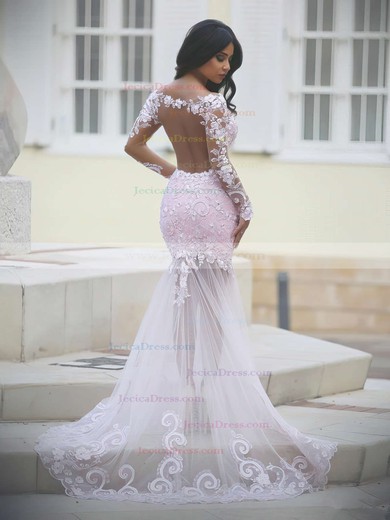 Top Scoop Neck Tulle Sweep Train Appliques Lace Long Sleeve Trumpet/Mermaid Prom Dresses #JCD020102452