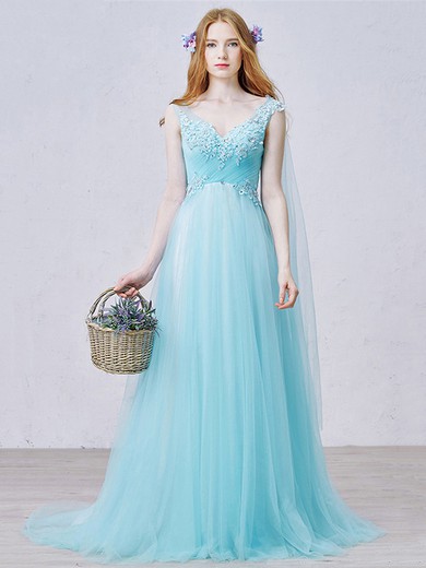 A-line V-neck Tulle Sweep Train Appliques Lace Gorgeous Prom Dresses #JCD020102456