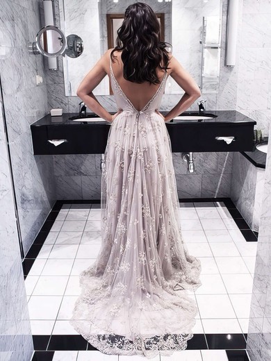 A-line V-neck Lace Court Train Lace Backless Modern Prom Dresses #JCD020102459