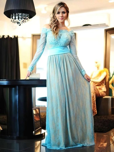 Off-the-shoulder A-line Lace Floor-length Appliques Lace Long Sleeve Prom Dresses #JCD020102460