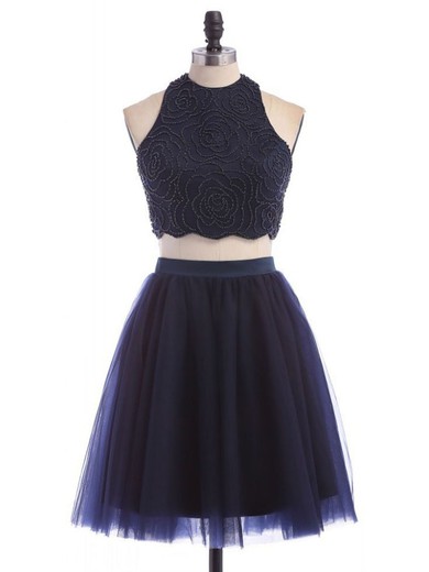 Two Piece A-line Scoop Neck Tulle Short/Mini Beading Great Dark Navy Prom Dress #JCD020102465