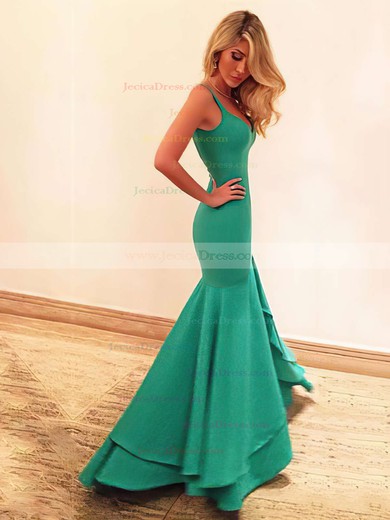 Modern Trumpet/Mermaid V-neck Jersey Asymmetrical Tiered Prom Dresses #JCD020102466