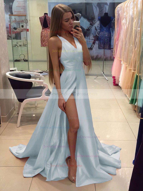 Affordable A-line V-neck Silk-like Satin Court Train Split Front Prom Dresses #JCD020102467