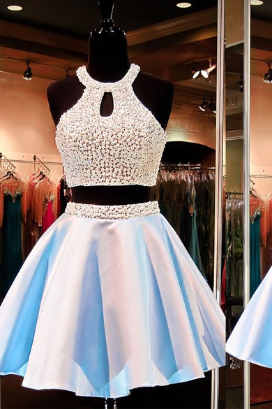Short/Mini A-line Scoop Neck Satin Pearl Detailing Top Two Piece Prom Dresses #JCD020102471