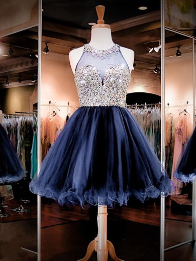 Famous A-line Scoop Neck Tulle Short/Mini Crystal Detailing Prom Dresses #JCD020102473