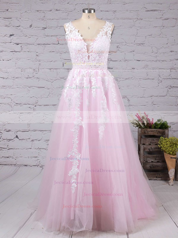 V-neck Tulle Floor-length Appliques Lace Princess Unique Prom Dresses #JCD020102479