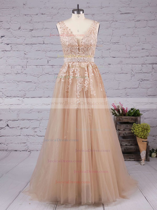 V-neck Tulle Floor-length Appliques Lace Princess Unique Prom Dresses #JCD020102479