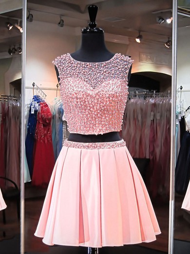 Short/Mini A-line Scoop Neck Satin Tulle Crystal Detailing Two Piece Prom Dresses #JCD020102480