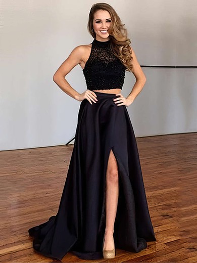 Elegant A-line High Neck Black Satin Tulle Sweep Train Split Front Two Piece Prom Dress #JCD020102482