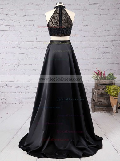 Elegant A-line High Neck Black Satin Tulle Sweep Train Split Front Two Piece Prom Dress #JCD020102482