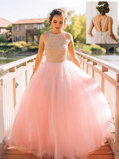 Beautiful Princess Scoop Neck Tulle Floor-length with Beading Pink Prom Dresses #JCD020102483