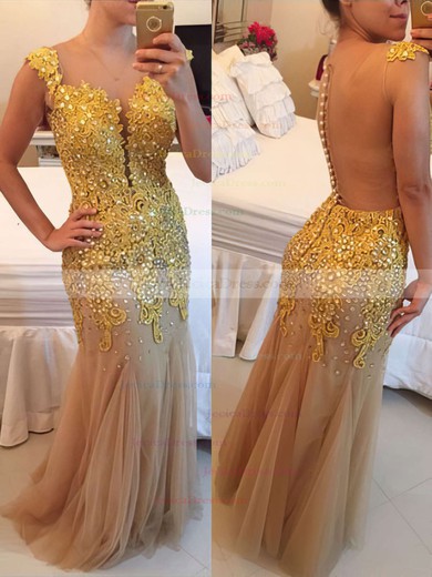 Expensive Scoop Neck Tulle Floor-length Appliques Lace Trumpet/Mermaid Prom Dress #JCD020102486
