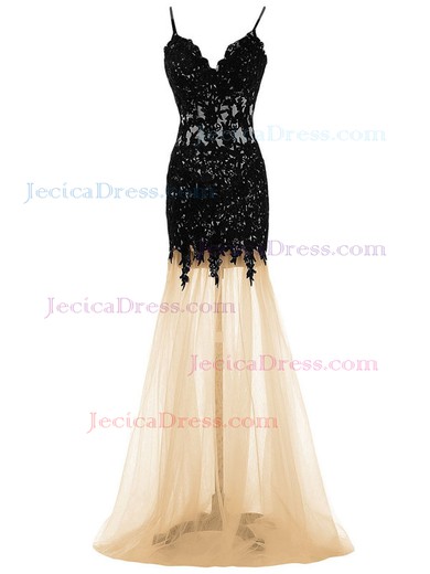 Perfect Trumpet/Mermaid V-neck Tulle Floor-length Appliques Lace Prom Dress #JCD020102489