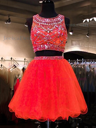 A-line Short/Mini Scoop Neck Watermelon Tulle Beading Two Piece Prom Dresses #JCD020102494