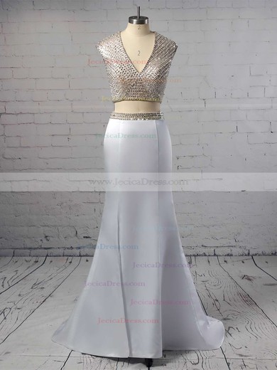 Trumpet/Mermaid V-neck Silk-like Satin Beading Sweep Train Two Piece Prom Dress #JCD020102497