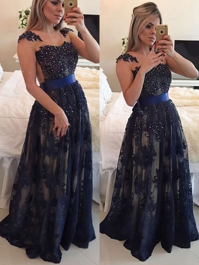 A-line Scoop Neck Tulle Floor-length Appliques Lace Dark Navy Newest Prom Dresses #JCD020102498