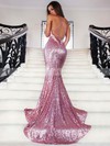 V-neck Sequined Court Train Appliques Lace Trumpet/Mermaid Backless Prom Dresses #JCD020102499