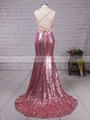 V-neck Sequined Court Train Appliques Lace Trumpet/Mermaid Backless Prom Dresses #JCD020102499