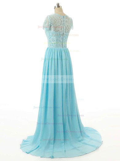 Nicest A-line Scoop Neck Lace Chiffon Sweep Train Short Sleeve Prom Dress #JCD020102504