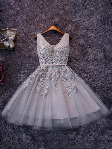 A-line V-neck Tulle with Appliques Lace Knee-length Fashion Prom Dresses #JCD020102505