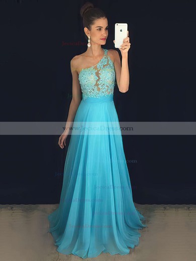 A-line Chiffon Tulle Sweep Train Appliques Lace Beautiful One Shoulder Prom Dress #JCD020102512