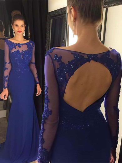 Open Back Trumpet/Mermaid Scoop Neck Chiffon Tulle Sweep Train Appliques Lace Long Sleeve Prom Dress #JCD020102514