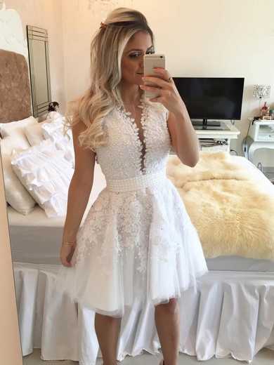 A-line Scoop Neck Tulle Short/Mini Pearl Detailing White New Arrival Prom Dresses #JCD020102569