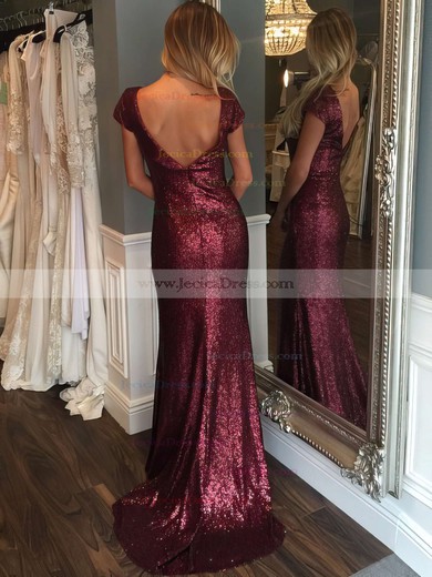 Backless Sheath/Column Scoop Neck Sequined Sweep Train Short Sleeve Prom Dresses #JCD020102573