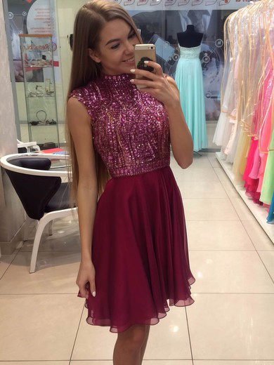 High Neck A-line Chiffon Short/Mini with Crystal Detailing New Prom Dresses #JCD020102575