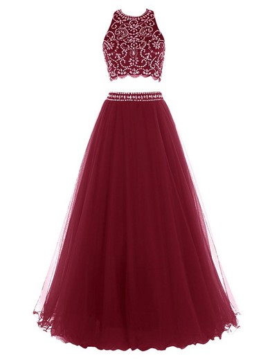 Two Piece Princess Halter Tulle Floor-length Beading Best Prom Dresses #JCD020102588