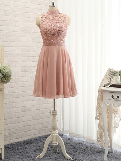 Open Back A-line Chiffon Tulle Short/Mini with Appliques Lace High Neck Prom Dress #JCD020102591