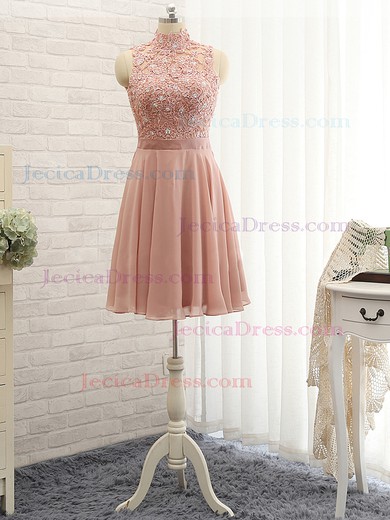 Open Back A-line Chiffon Tulle Short/Mini with Appliques Lace High Neck Prom Dress #JCD020102591