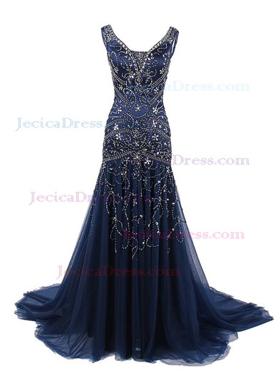 Trumpet/Mermaid V-neck Tulle Court Train with Beading Original Prom Dresses #JCD020102592