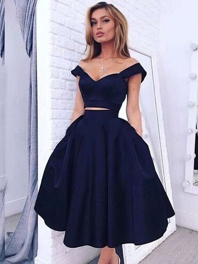 Dark Navy A-line Off-the-shoulder Satin Two Piece Tea-length Prom Dresses #JCD020102596