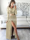 A-line Scoop Neck Black Lace Chiffon Ankle-length Split Front Long Sleeve Two Piece Prom Dress #JCD020102597