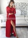A-line Scoop Neck Black Lace Chiffon Ankle-length Split Front Long Sleeve Two Piece Prom Dress #JCD020102597
