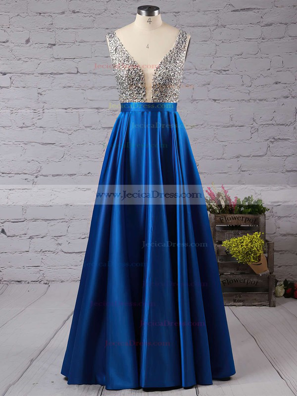 Backless A-line V-neck Satin Floor-length with Beading Popular Prom Dresses #JCD020102600