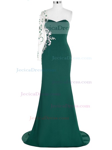 Trumpet/Mermaid One Shoulder Long Sleeve Chiffon Tulle Beading Sweep Train Prom Dress #JCD020102603
