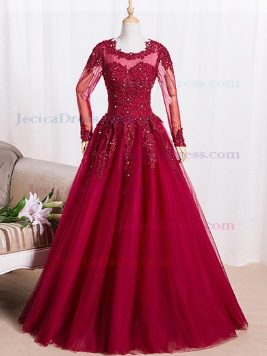 Princess Scoop Neck Burgundy Tulle Appliques Lace Floor-length Long Sleeve Prom Dress #JCD020102604