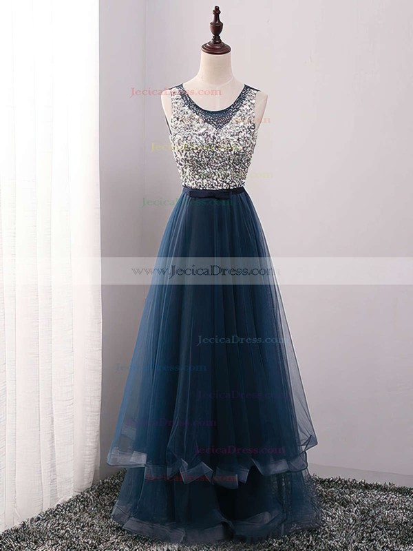 Stunning A-line Scoop Neck Tulle with Crystal Detailing Floor-length Prom Dresses #JCD020102605