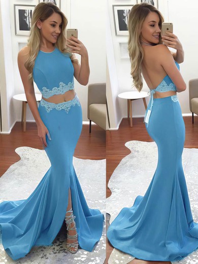 Trumpet/Mermaid Silk-like Satin Sweep Train Appliques Lace Halter Backless Two Piece Prom Dress #JCD020102607