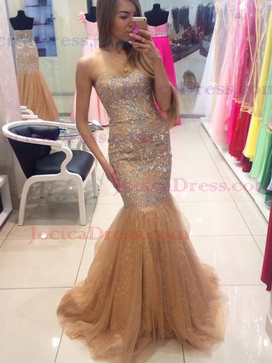 Trumpet/Mermaid Sweep Train Sweetheart Tulle Lace with Beading Online Prom Dresses #JCD020102610